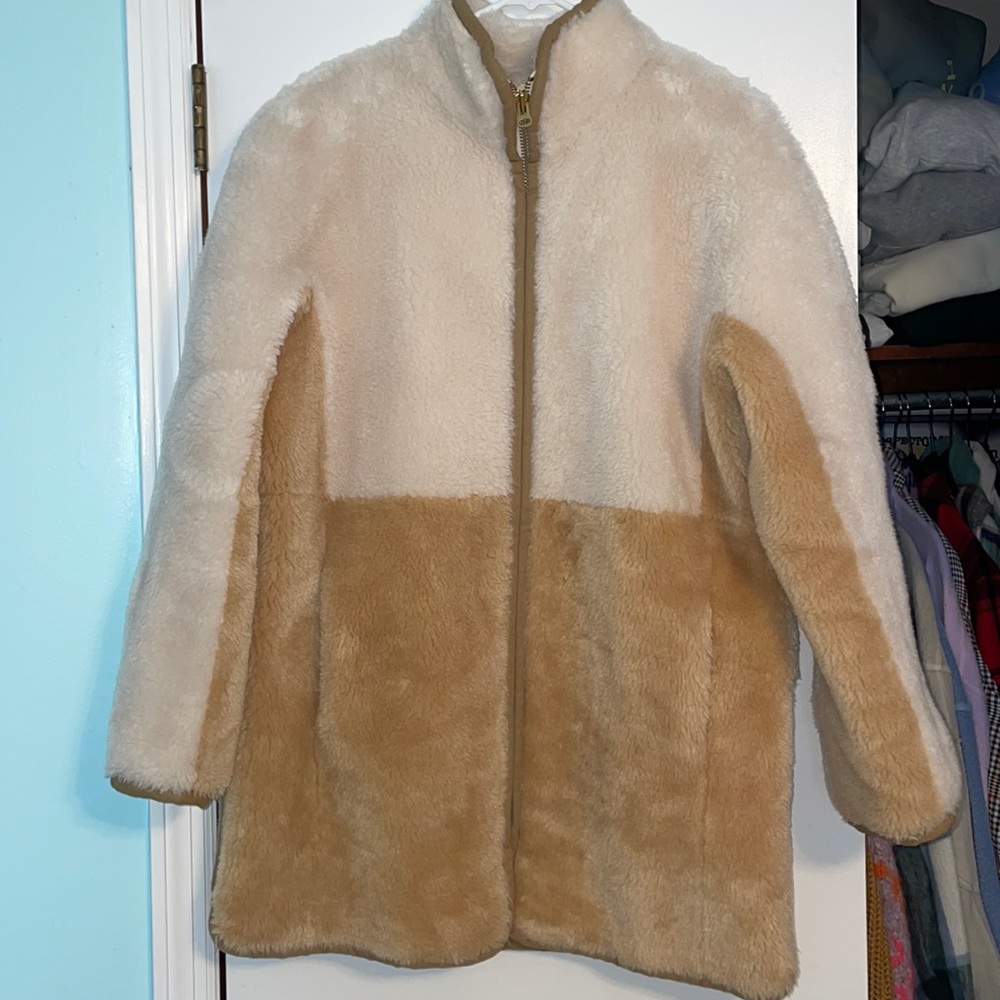 JCREW teddy bear coat in color block natural